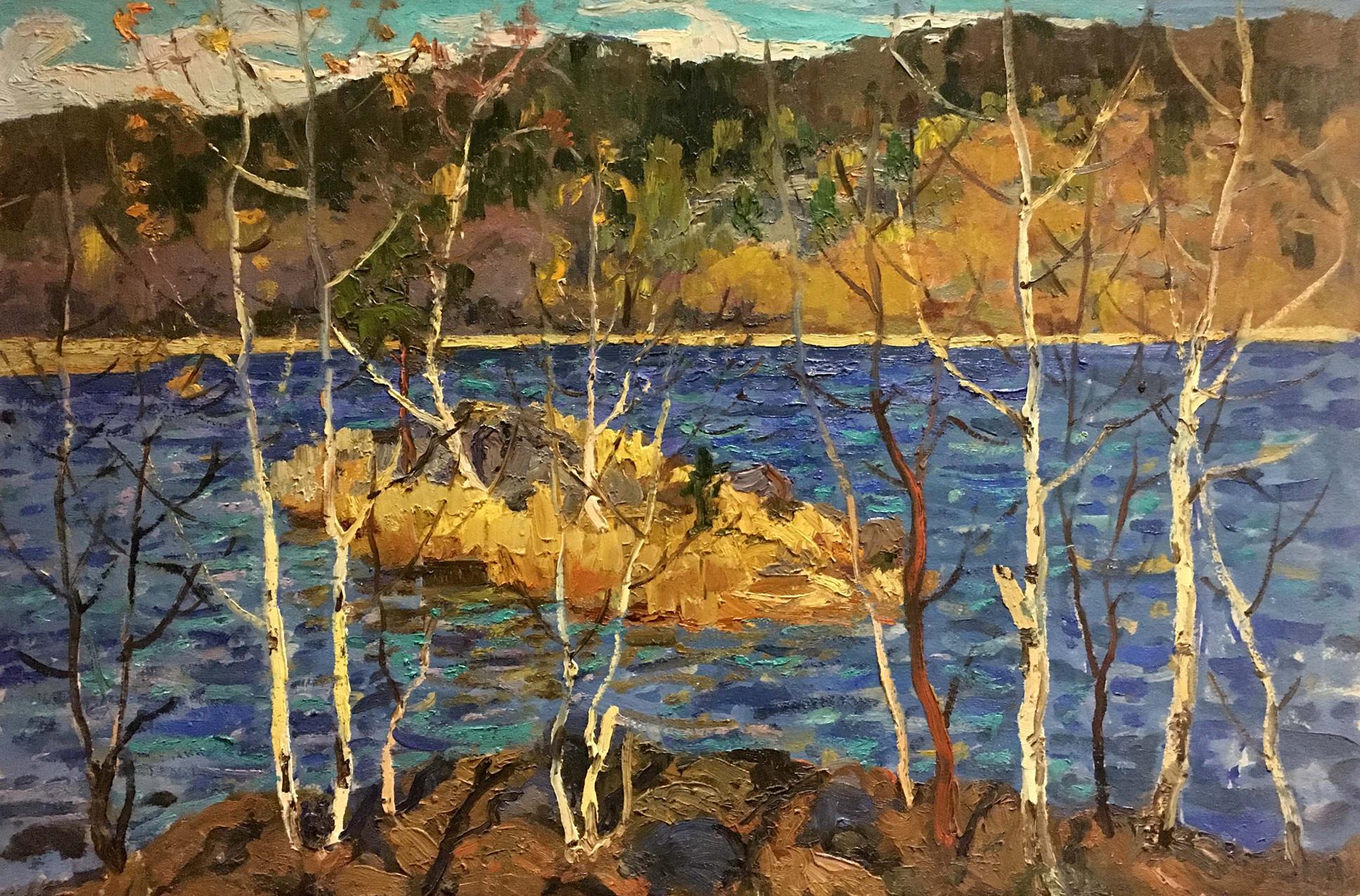 Oil painting River in Autumn by Vladimir Korostelev with birch trees and blue lake