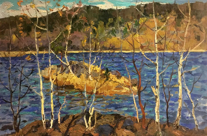 Oil painting River in Autumn by Vladimir Korostelev with birch trees and blue lake