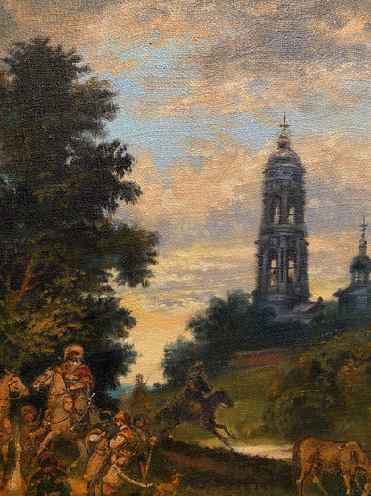 Oil painting of Cossacks at monastery bell tower by Litvinov artists