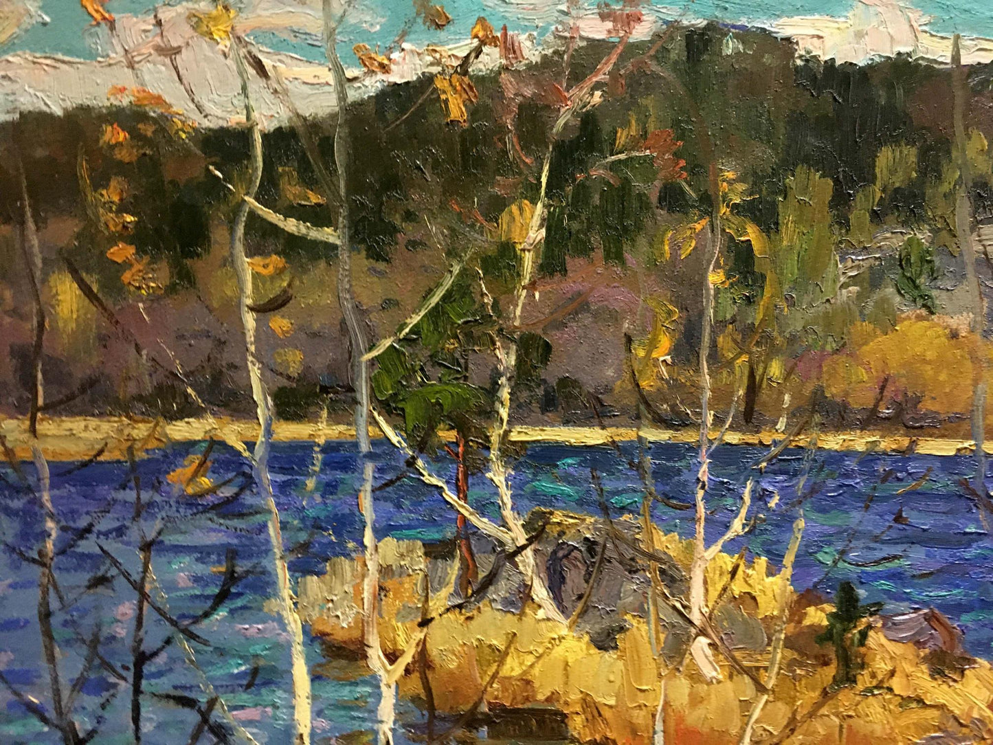 Oil painting River in Autumn by Vladimir Korostelev serene birch landscape