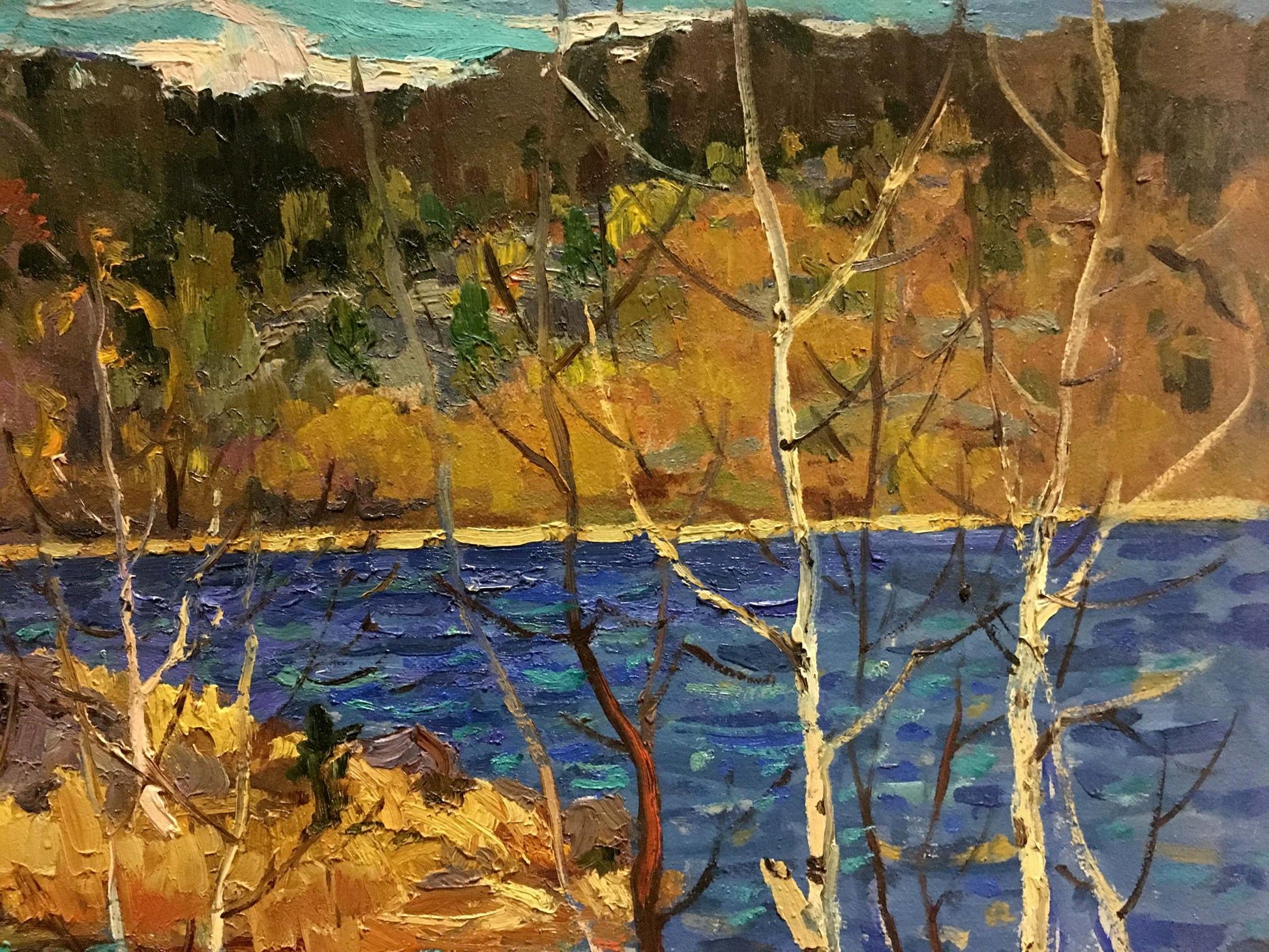 Oil painting River in Autumn by Vladimir Korostelev: birch trees, blue lake
