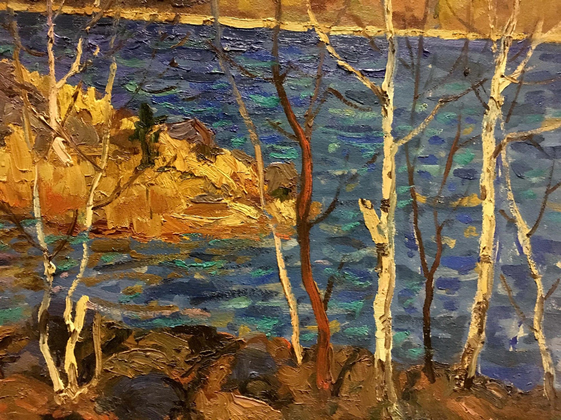 Oil painting River in Autumn by Vladimir Korostelev serene lakeside scene