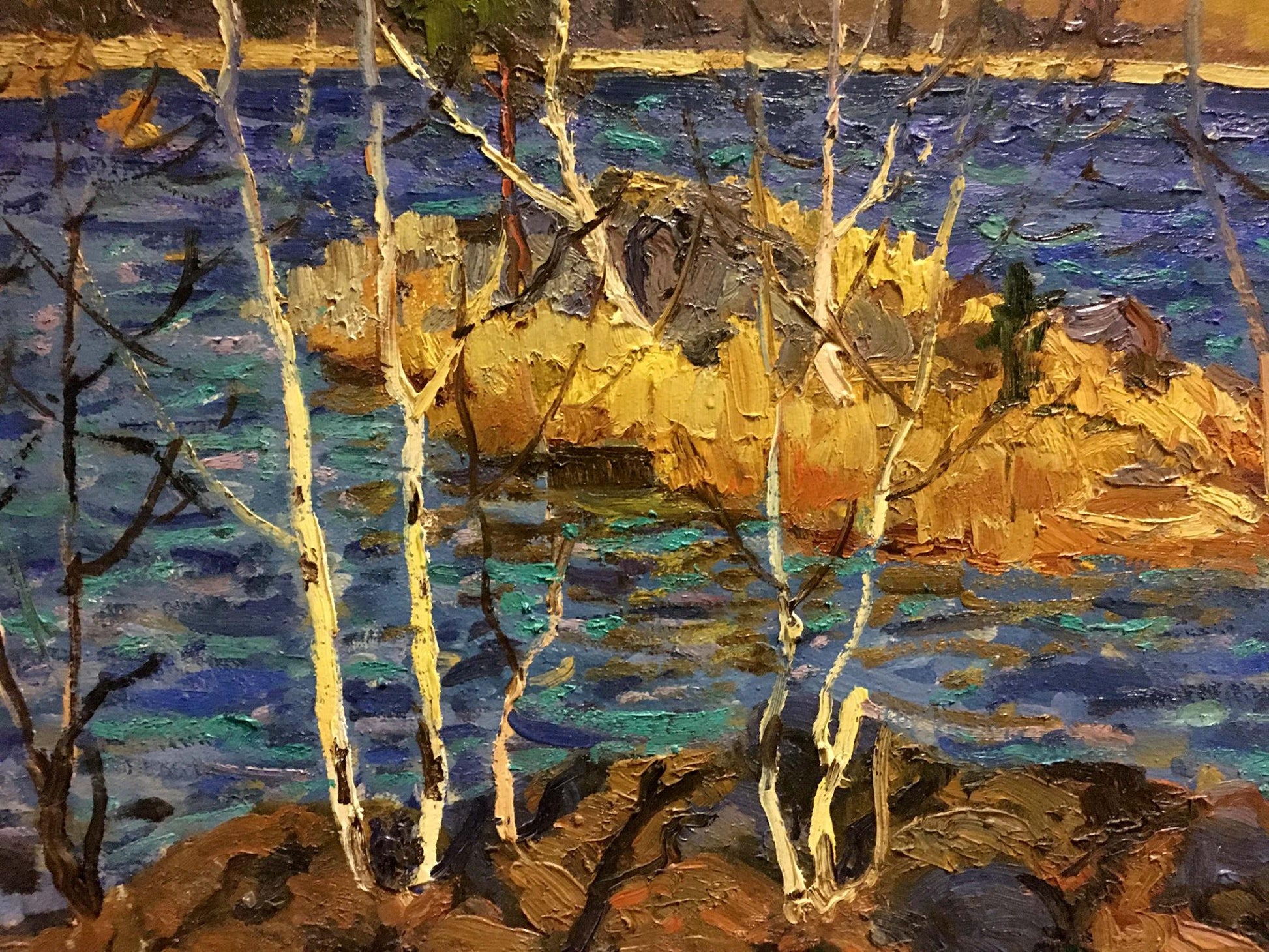 Vibrant impressionist oil painting of autumn river with white birch trees by Vladimir Korostelev