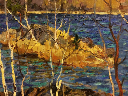 Oil painting River in Autumn by Vladimir Korostelev rocky shoreline