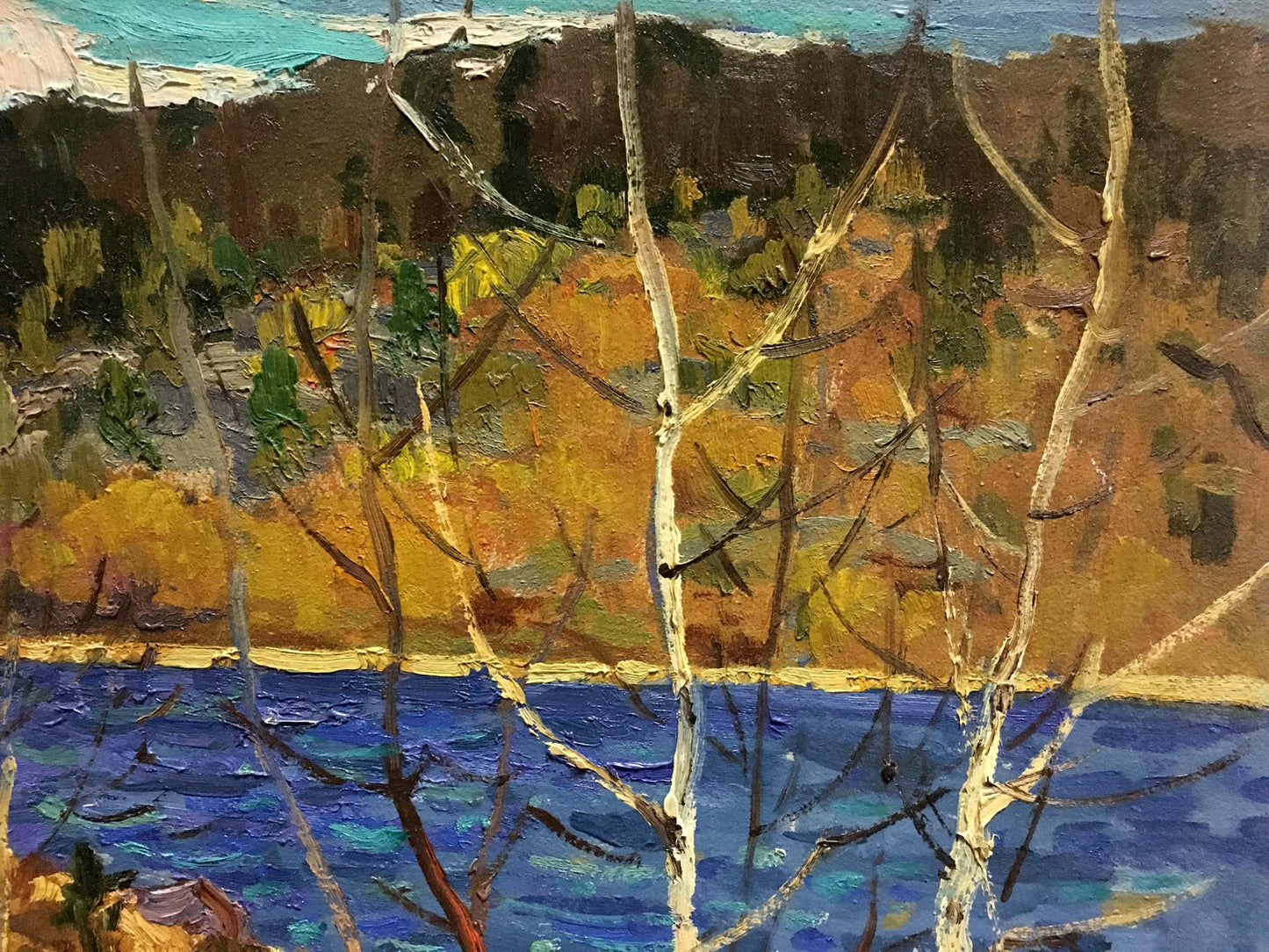 Oil painting River in Autumn by Vladimir Korostelev: birch trees by blue lake