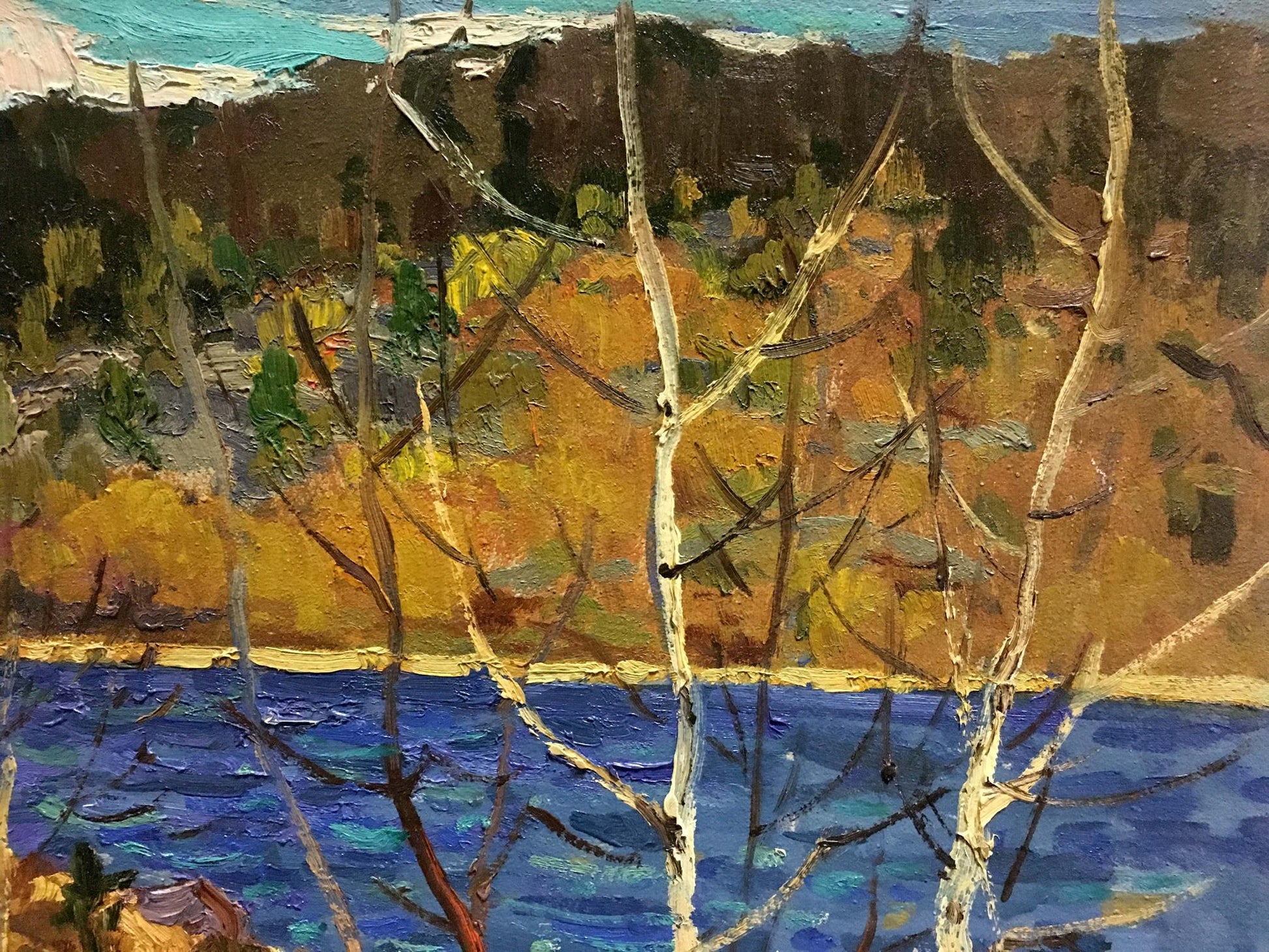 Oil painting River in Autumn by Vladimir Korostelev: birch trees by blue lake