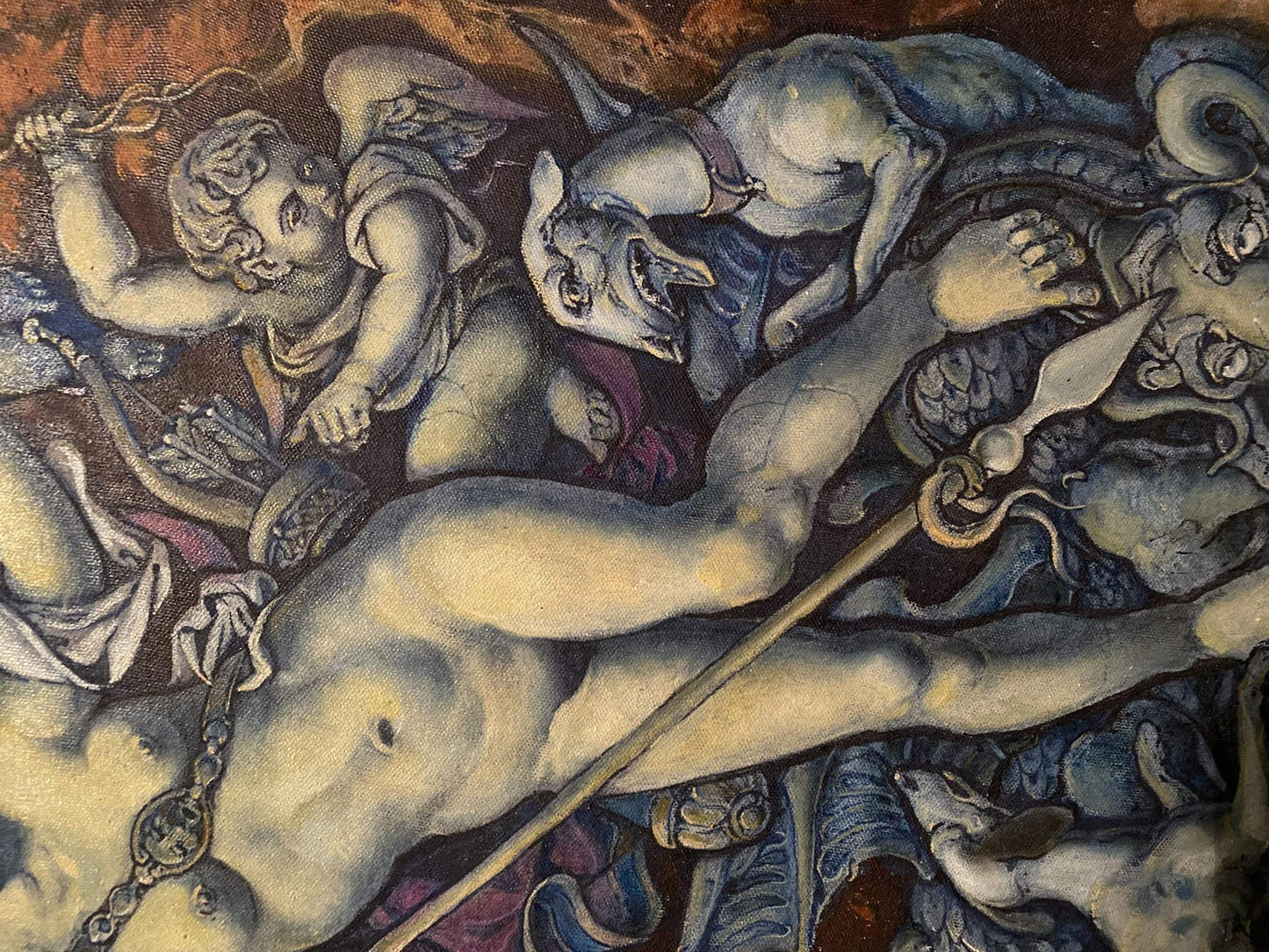 Oil painting Diana’s Hunt by Litvinov Oleg Arkad’yevich with nude male, cherubs, demons