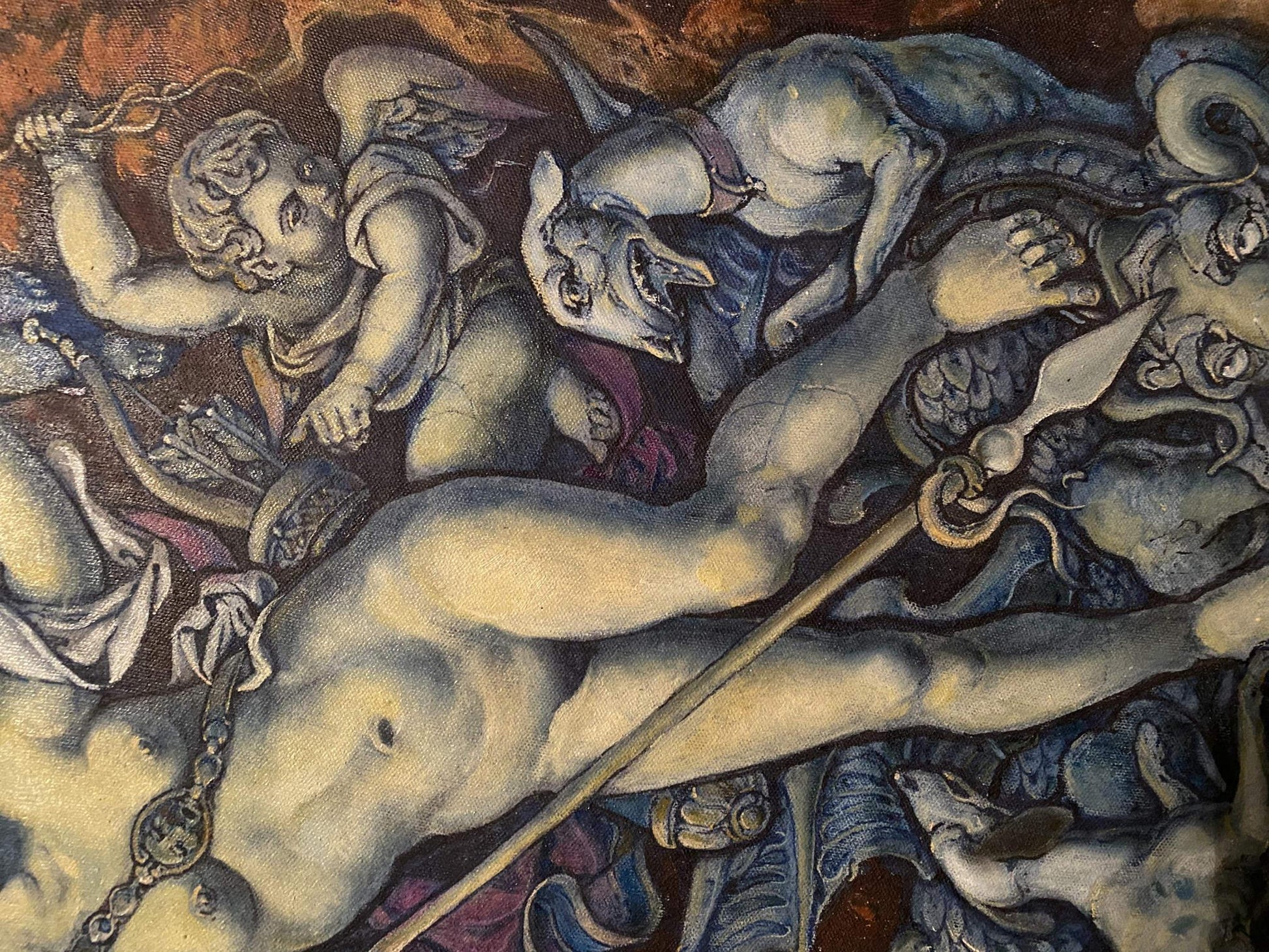 Oil painting Diana’s Hunt by Litvinov Oleg Arkad’yevich with nude male, cherubs, demons