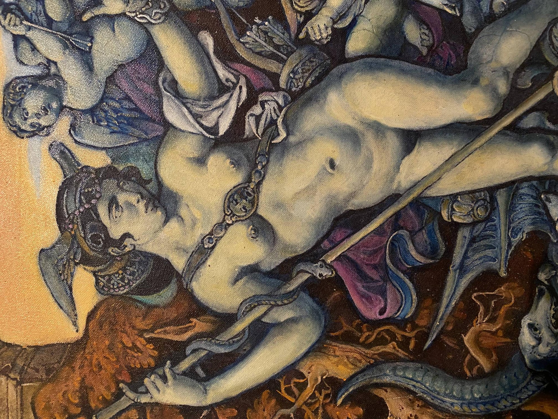 Oil painting Diana’s Hunt by Litvinov Oleg Arkad’yevich, nude male in armor