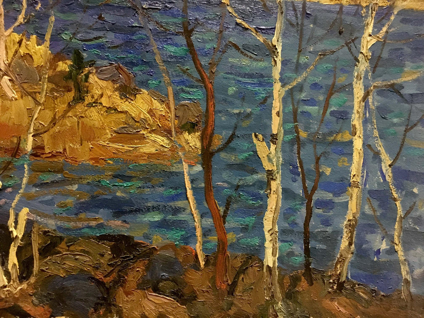Oil painting River in Autumn by Vladimir Korostelev with birch trees