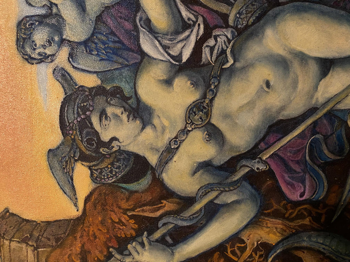Oil painting of muscular nude warrior in ornate helmet by Litvinov Oleg Arkad’yevich