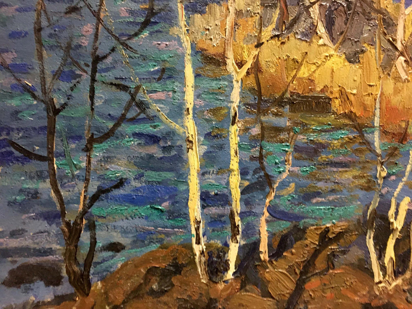 Oil painting River in Autumn by Vladimir Korostelev: impressionistic birch trees by blue-green water