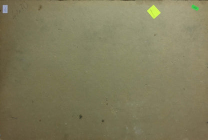 Back of Vladimir Korostelev oil painting River in autumn on beige textured canvas with pencil marks and sticky notes
