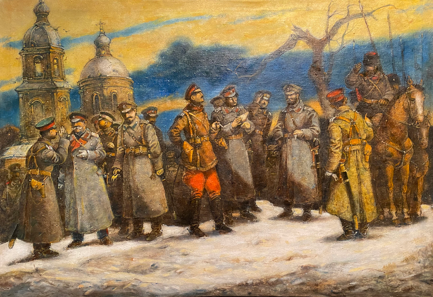 Oil painting Renunciation by Litvinov Oleg Arkad’yevich: soldiers near church domes