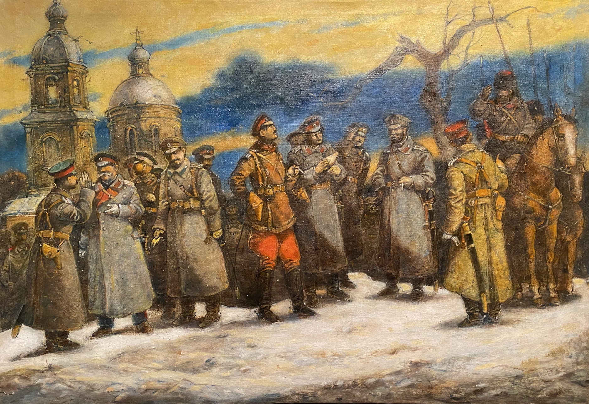 Oil painting Renunciation by Litvinov Oleg Arkad’yevich: soldiers near church domes