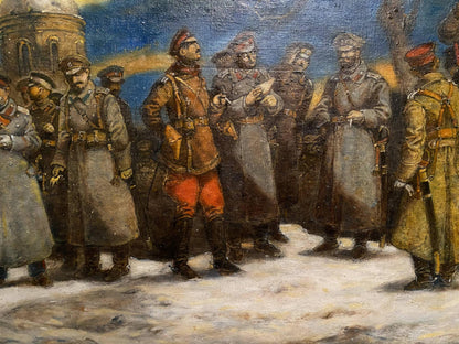 Oil painting Renunciation by Litvinov Oleg Arkadyevich: soldiers in gray coats with red accents
