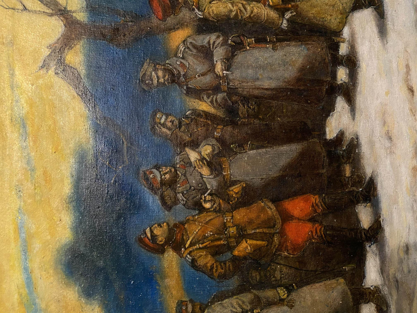 Vintage oil painting Renunciation by Litvinov Oleg Arkadyevich, soldiers in winter uniforms
