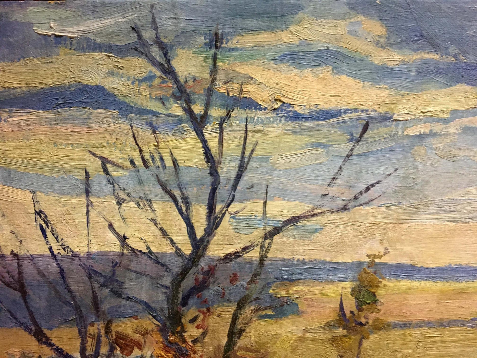 Textured oil painting of bare dark-branched tree by Gantman Moses Faybovich