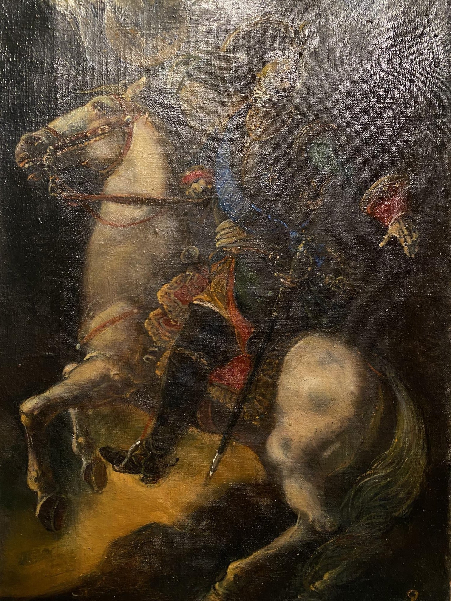Oil painting by Oleg Arkad’yevich Litvinov: Peter 1 on rearing white horse
