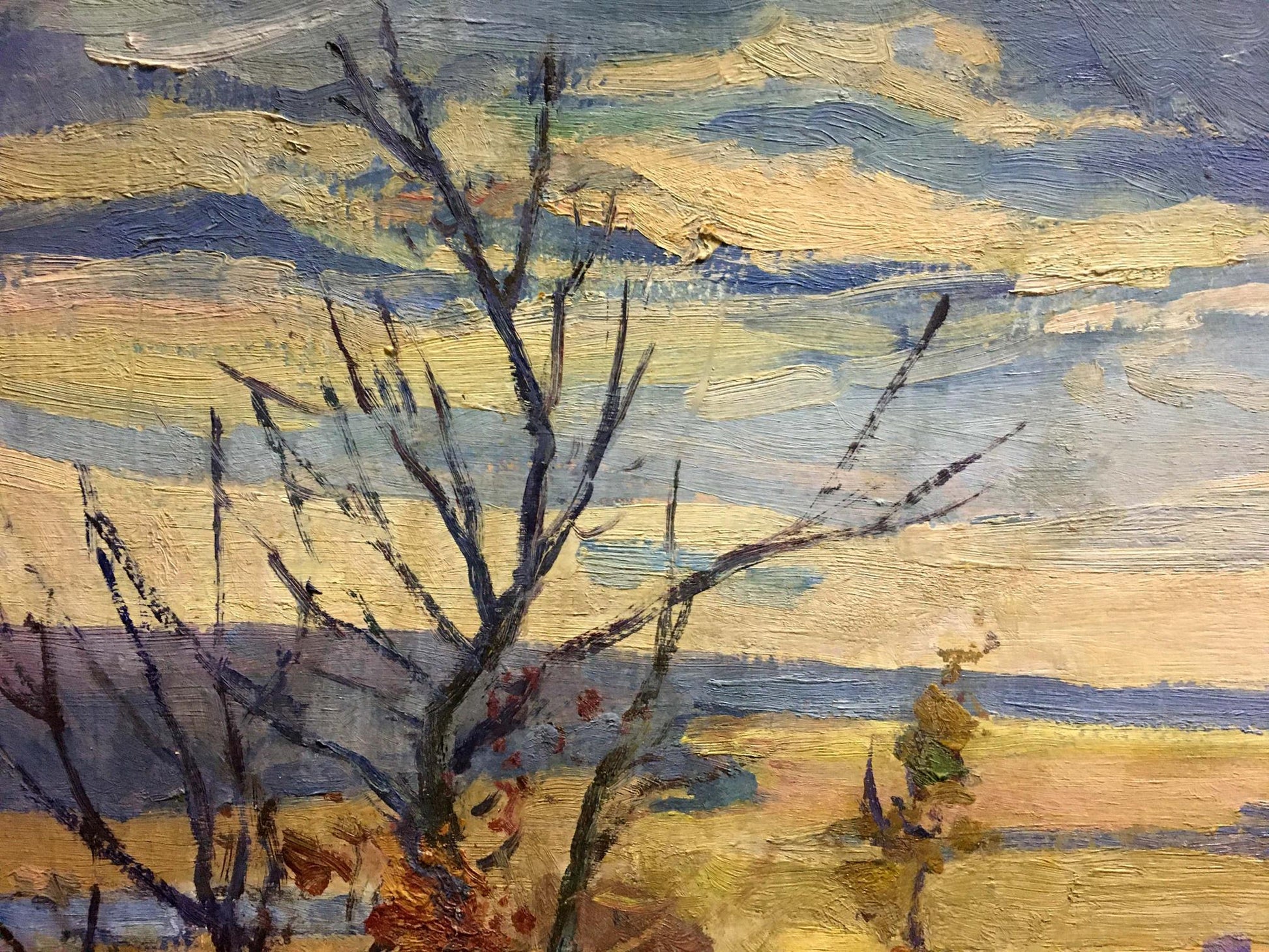 Textured oil painting of bare dark-branched tree by Gantman Moses Faybovich