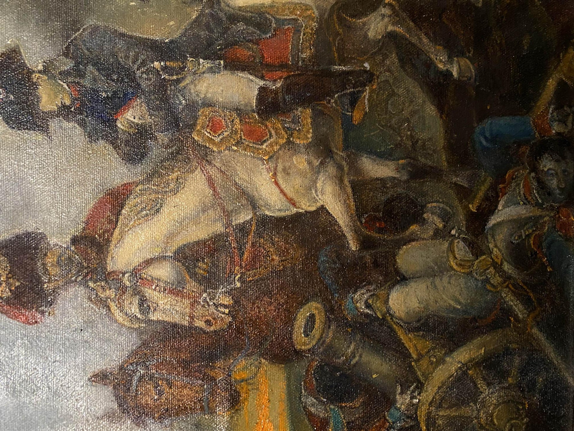 Oil painting by Oleg Arkad’yevich Litvinov: white horse with ornate red gold saddle in battle
