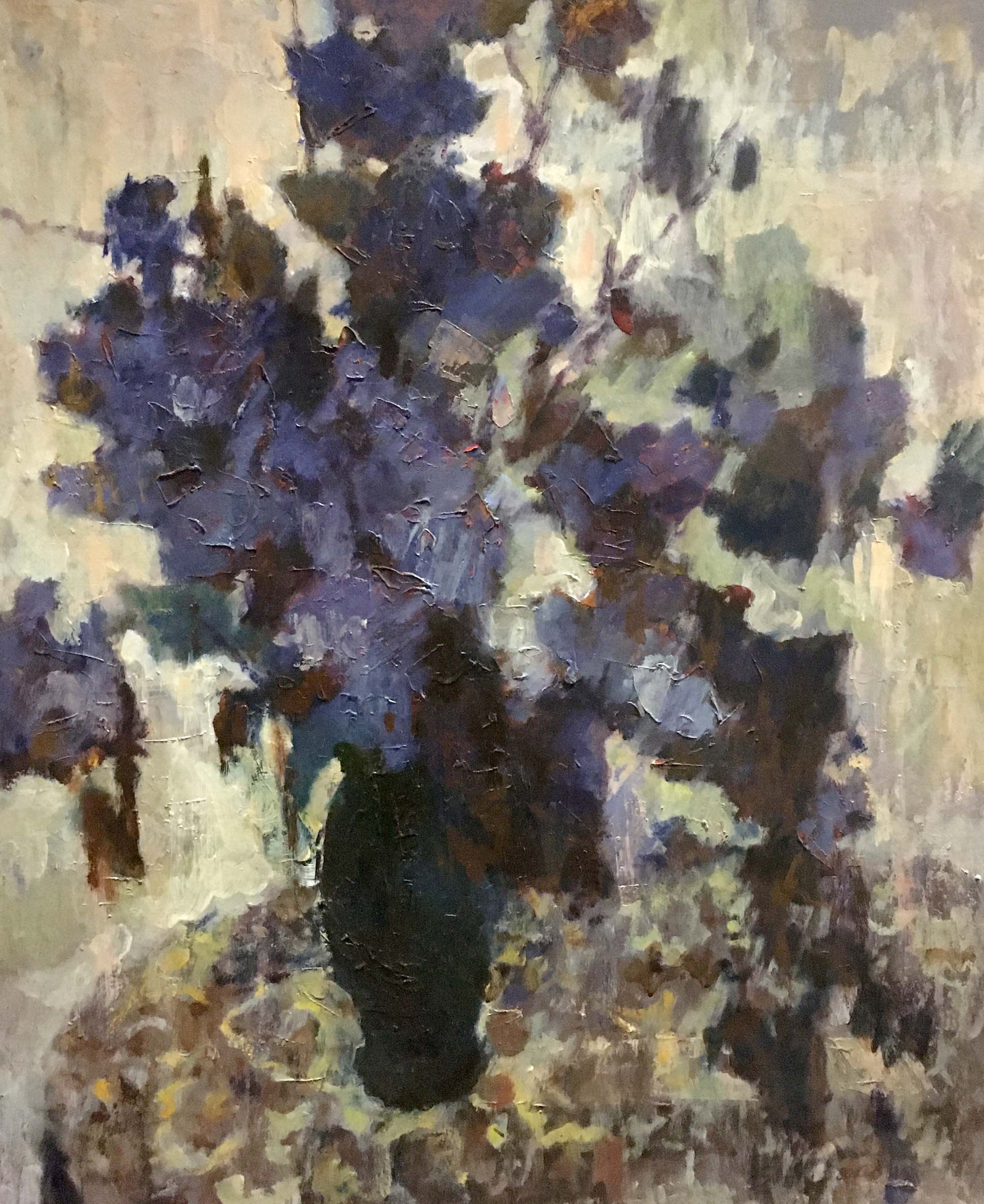 Oil painting Lilac by Zhurakovsky Victor Petrovich: dark vase with purple white flowers
