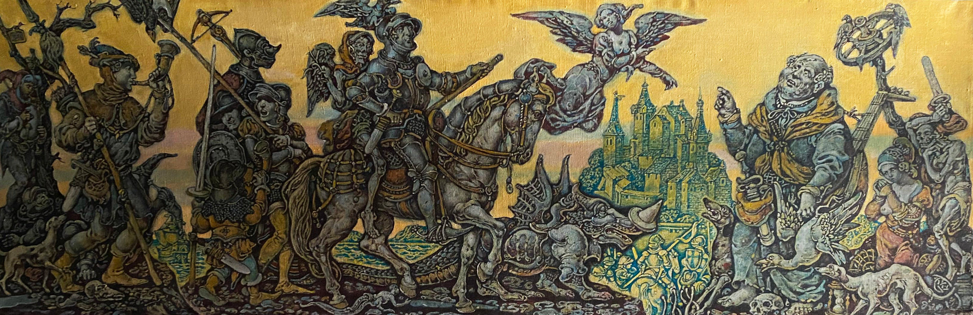 Durer among people by Oleg Litvinov: medieval battle mural with knights