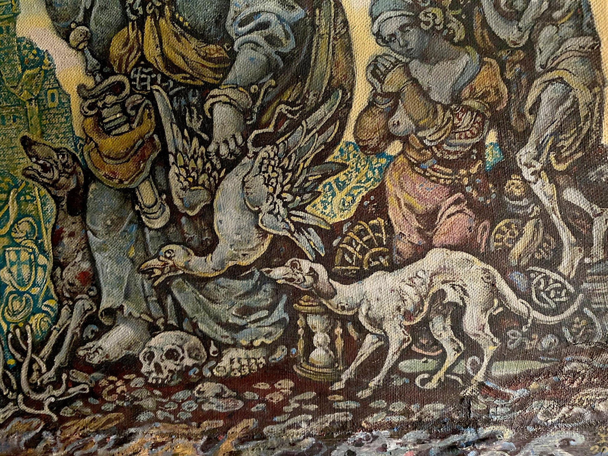 Durer among people oil painting by Oleg Litvinov with mythical tapestry scene