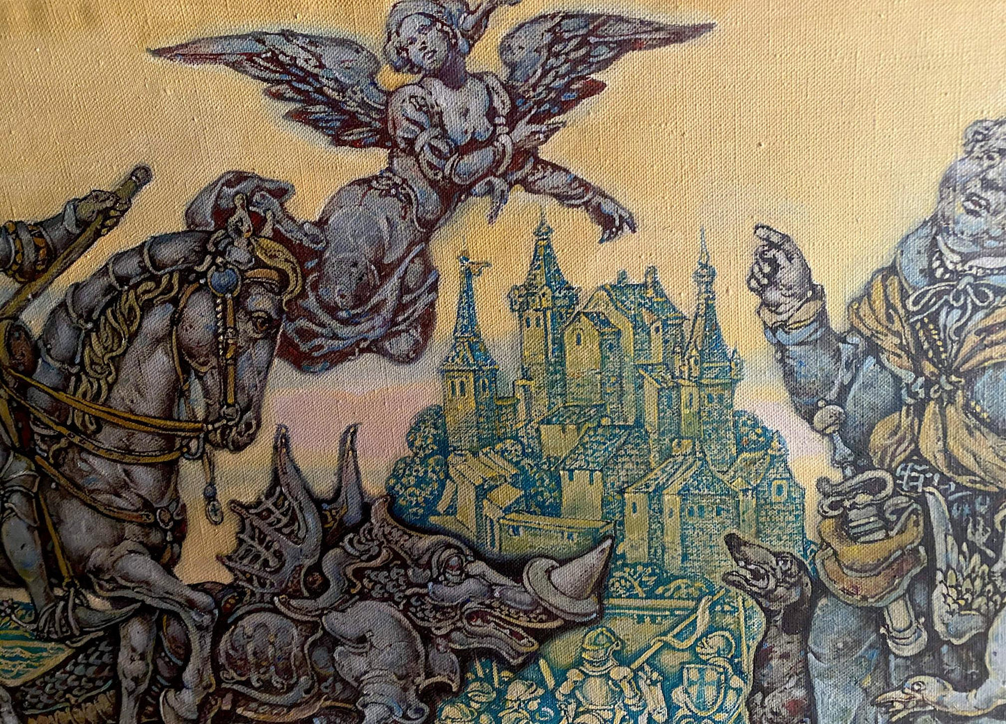 Vintage oil painting Durer among people by Oleg Litvinov with angel knights castle
