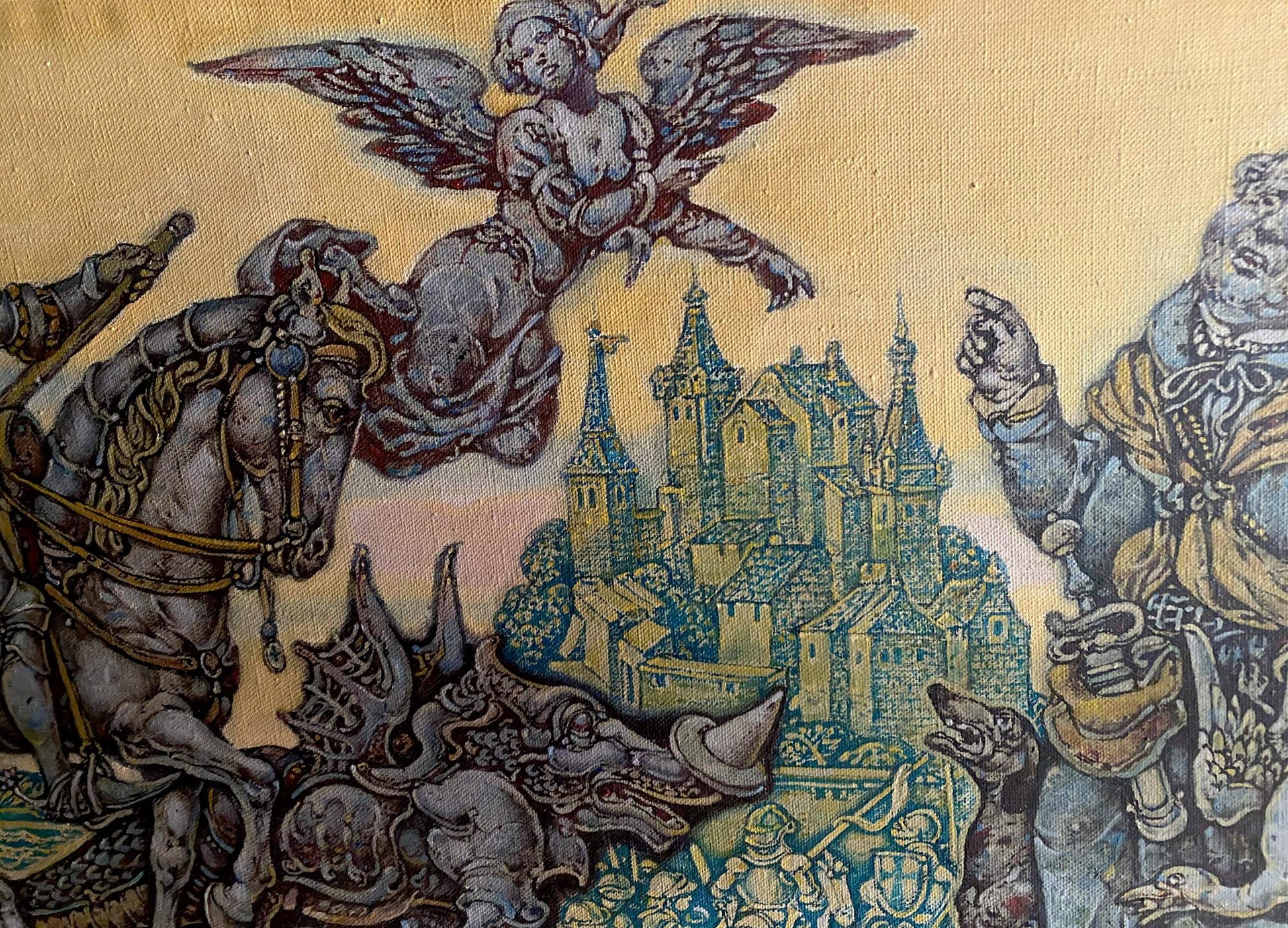 Vintage oil painting Durer among people by Oleg Litvinov with angel knights castle