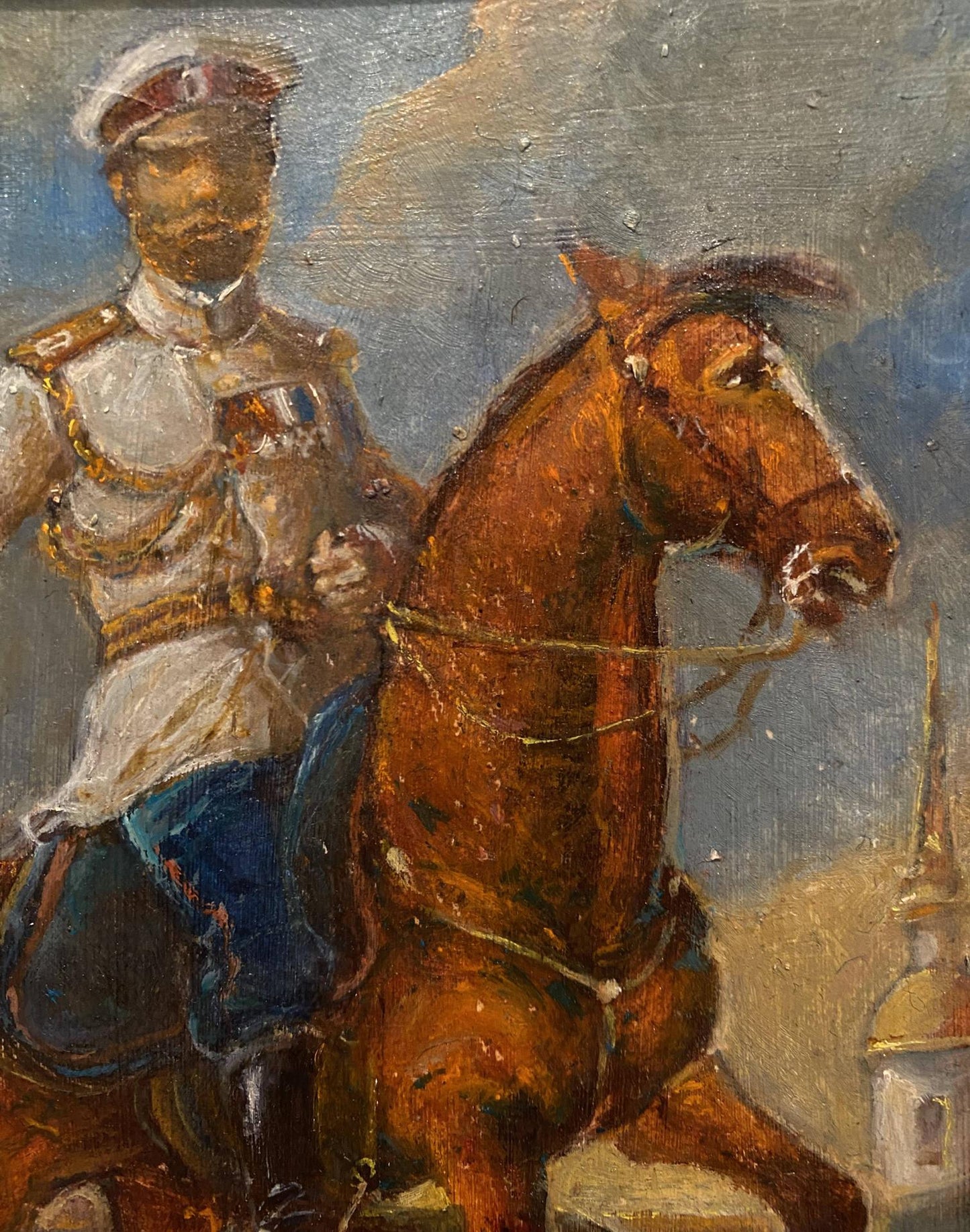 Oil painting by Oleg Arkad’yevich Litvinov: Nicholas 2 on horse in ornate uniform