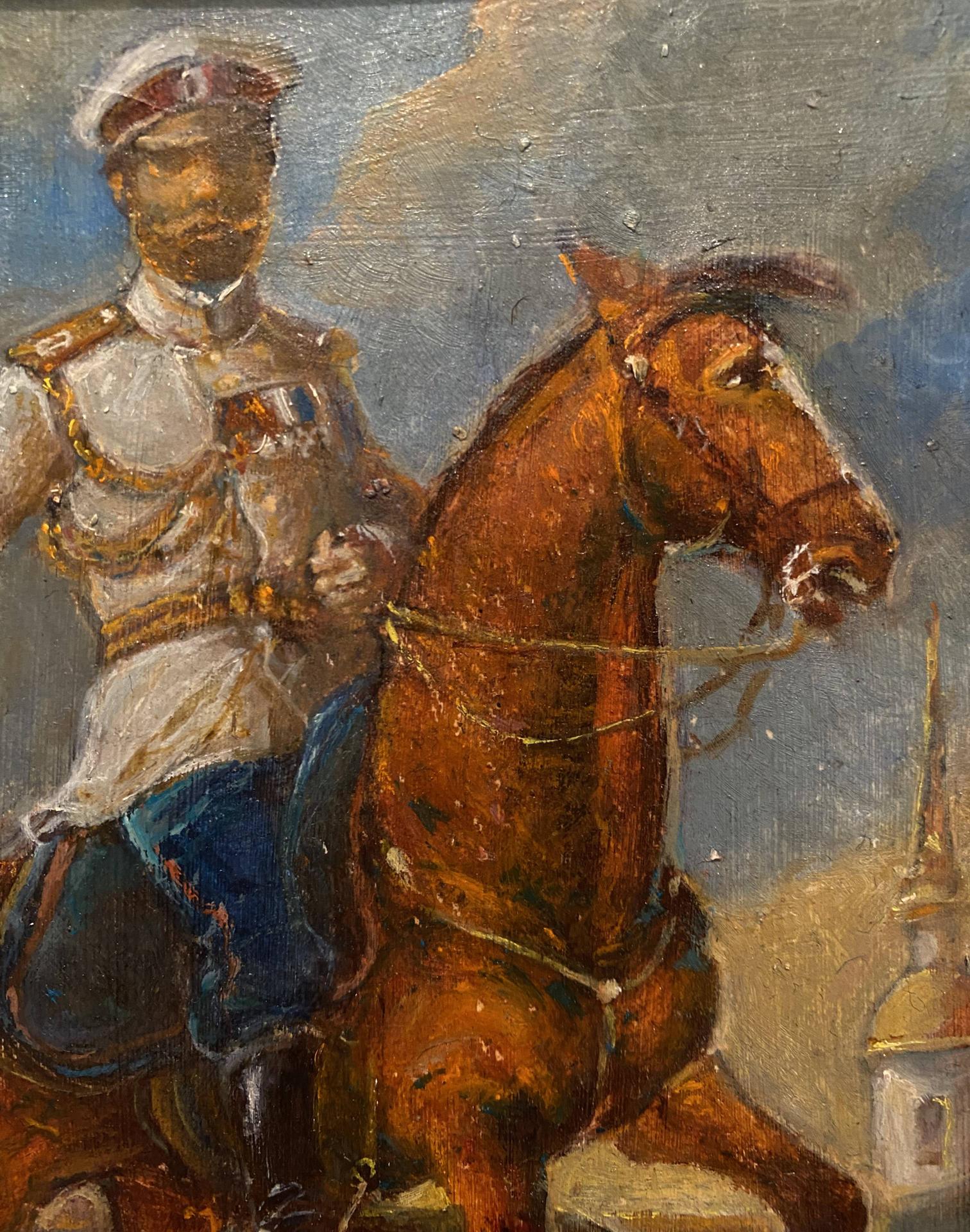Oil painting by Oleg Arkad’yevich Litvinov: Nicholas 2 on horse in ornate uniform