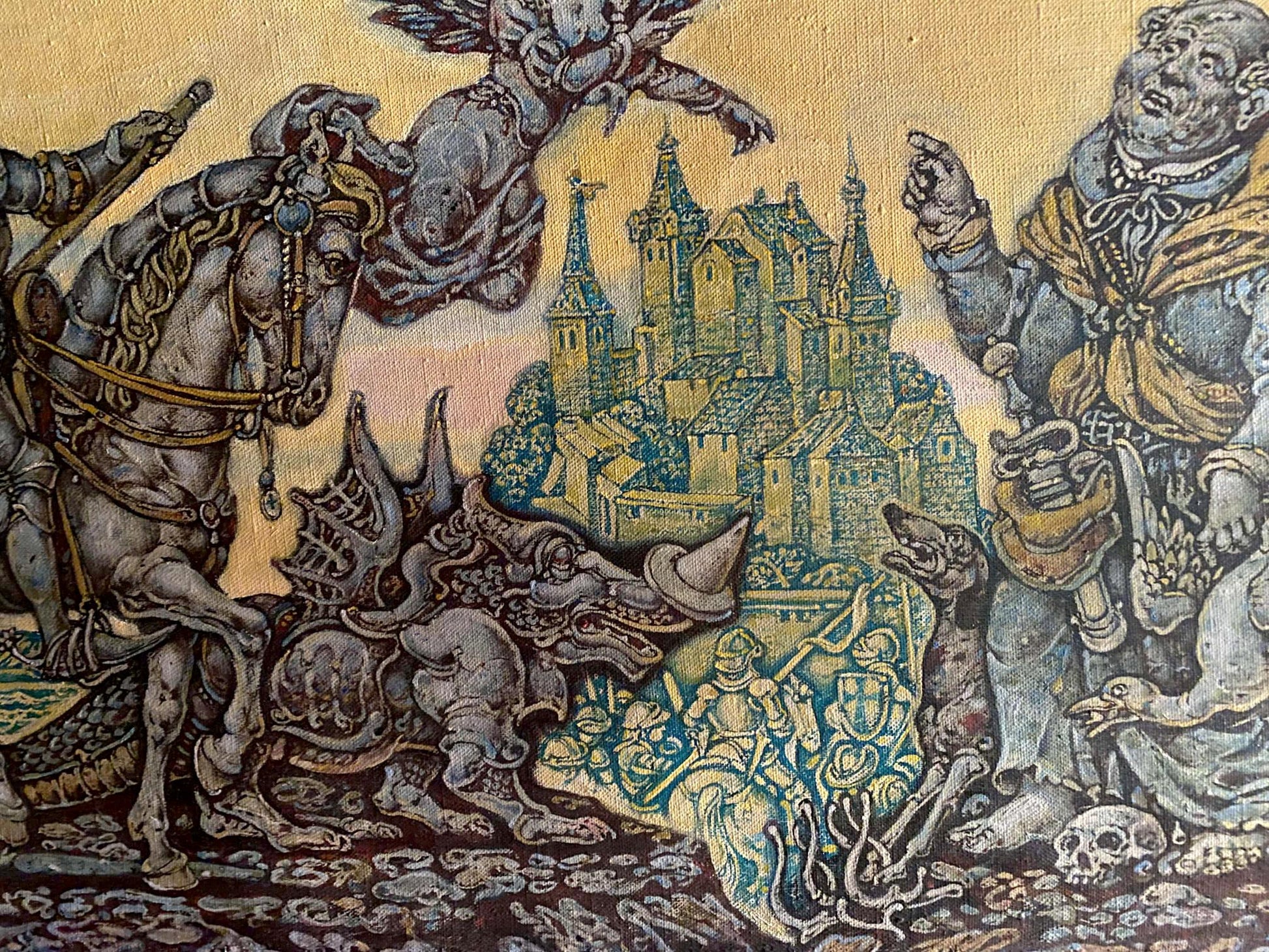 Oil painting by Oleg Litvinov: Durer among people in medieval battle tapestry