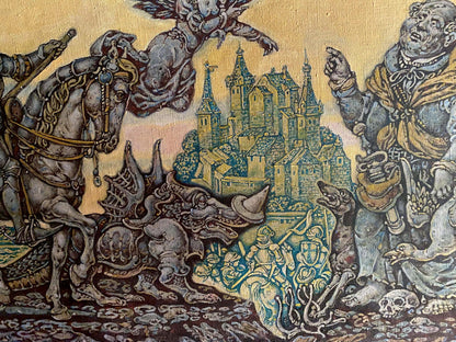 Oil painting by Oleg Litvinov: Durer among people in medieval battle tapestry