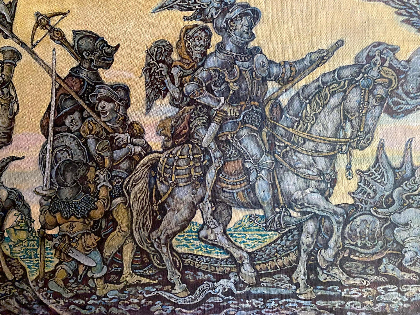 Detailed tapestry of Durer among people by Oleg Litvinov, medieval battle scene