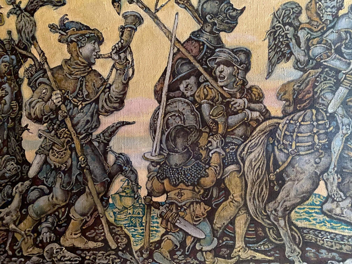 Oil painting Durer among people by Oleg Litvinov, medieval knights tapestry