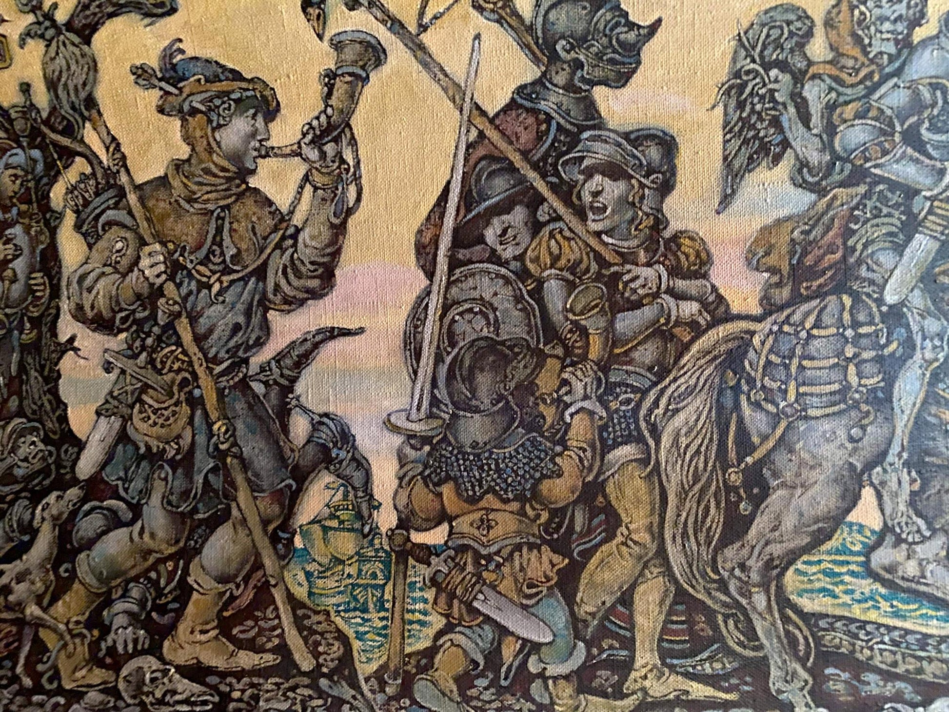 Oil painting Durer among people by Oleg Litvinov, medieval knights tapestry