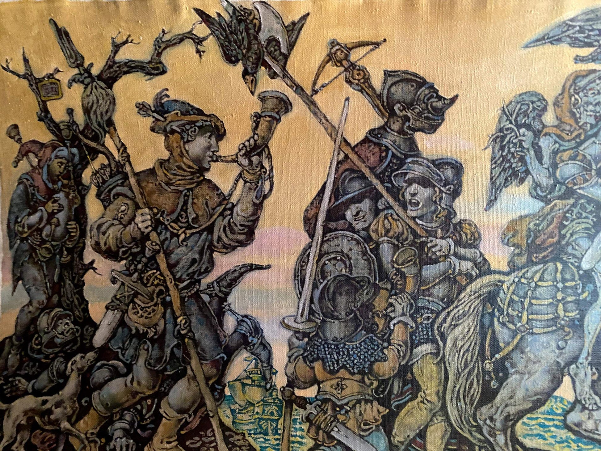 Oil painting Durer among people by Oleg Litvinov, medieval battle tapestry