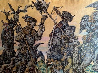 Oil painting Durer among people by Oleg Litvinov, medieval battle tapestry