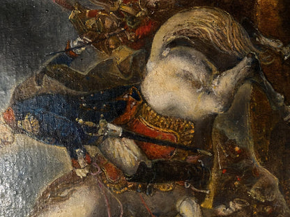 In Oleg Litvinov's oil painting, Napoleon is depicted riding on horseback