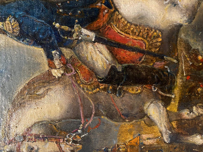 The central subject of Oleg Litvinov's oil painting is a portrait of Napoleon on horseback