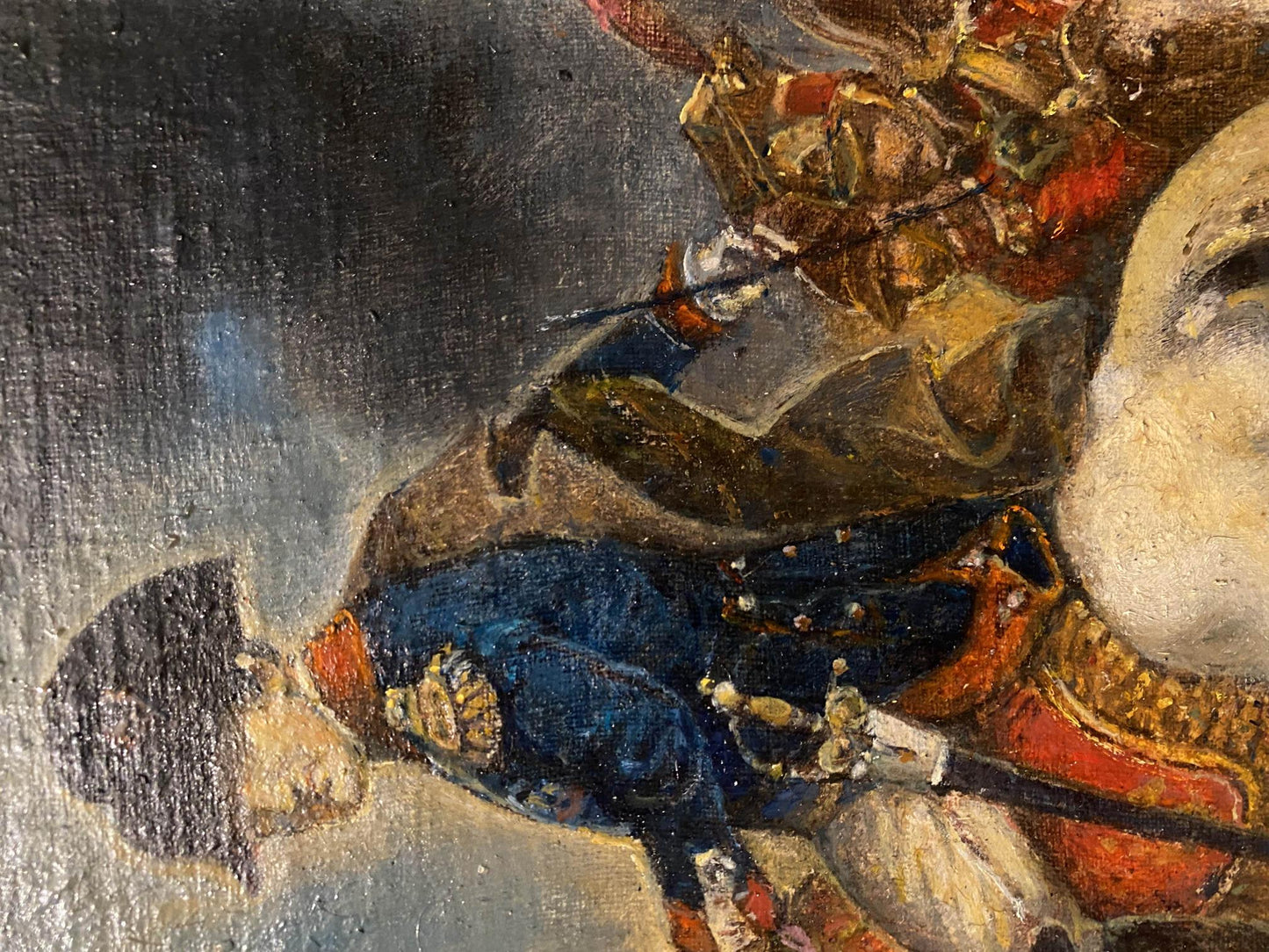In this oil painting by Oleg Litvinov, Napoleon is portrayed in a powerful pose astride a horse