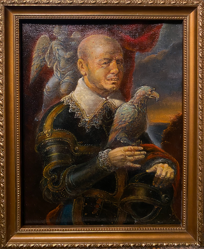 Oil painting portrait by Litvinov Oleg Arkad’yevich: bald man in armor with eagle