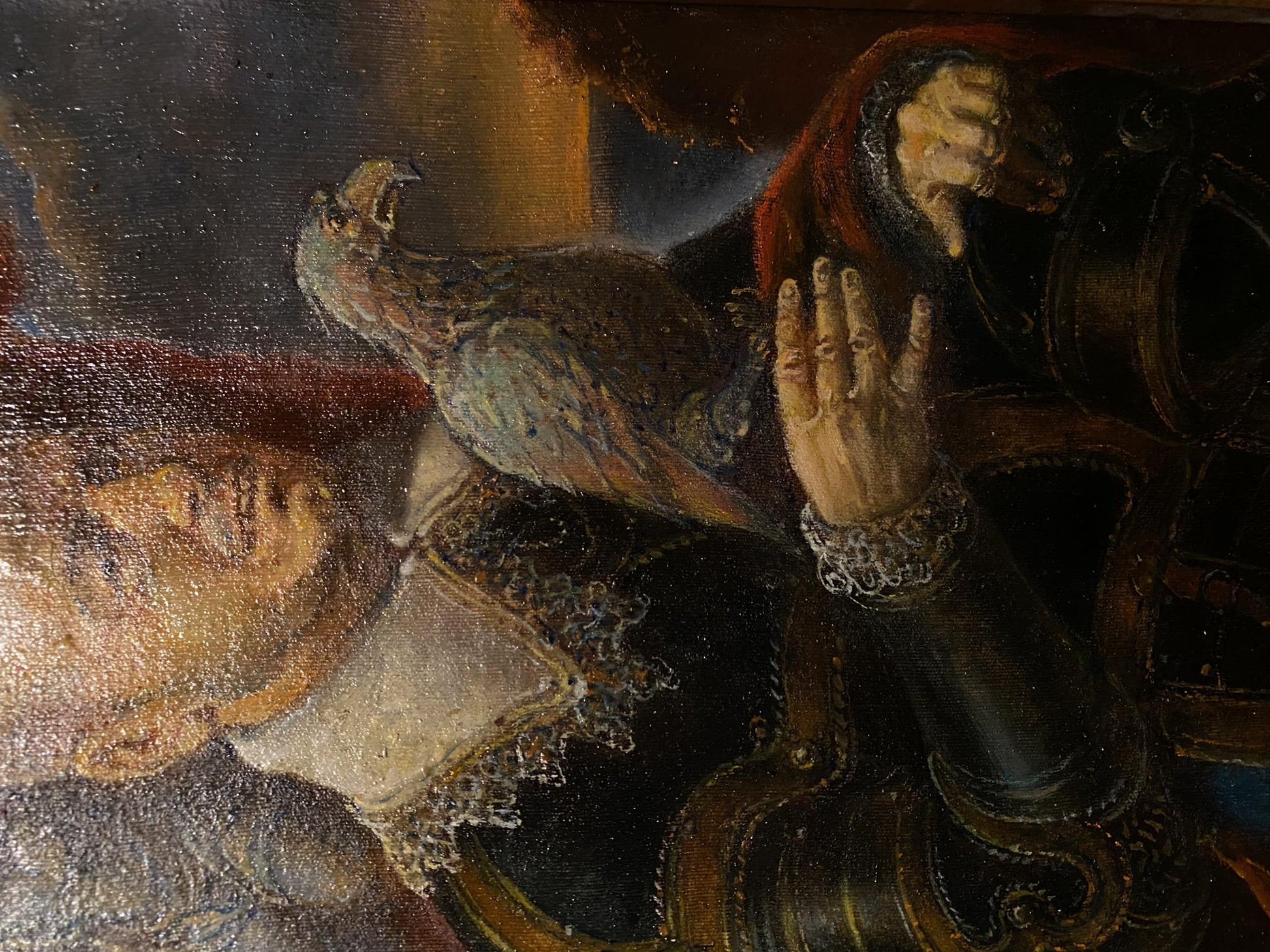 Oil painting portrait of man in 16th-century attire with parrot by Litvinov Oleg Arkad’yevich