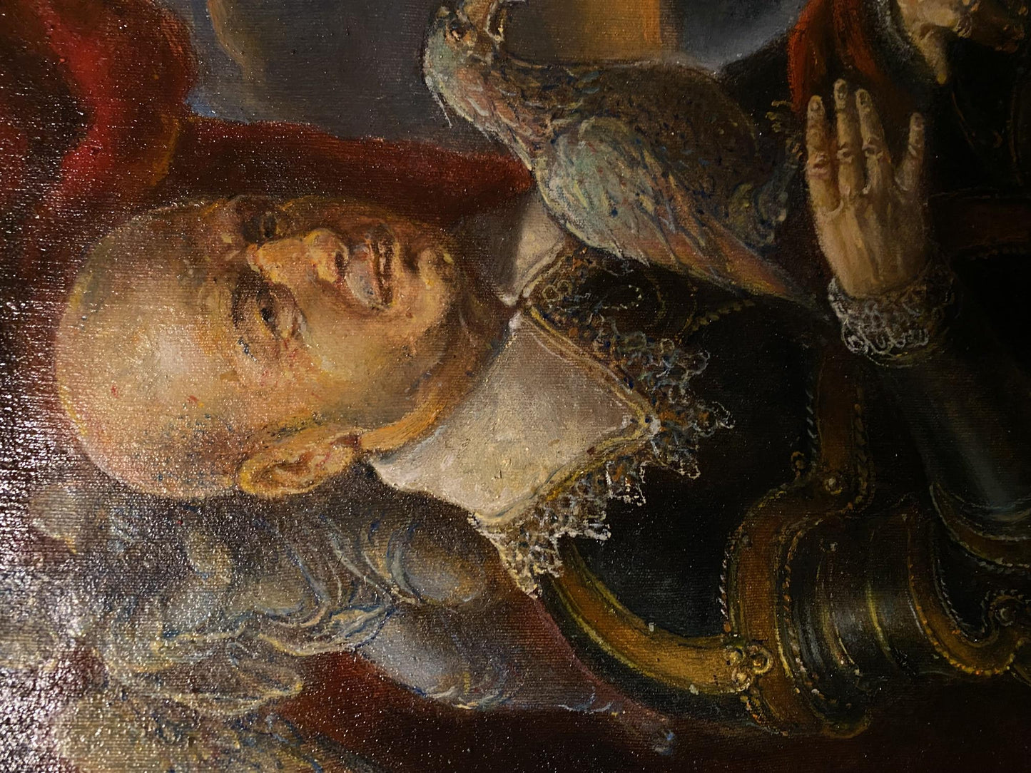 Close-up oil painting portrait of bald man with parrot by Litvinov Oleg Arkad’yevich