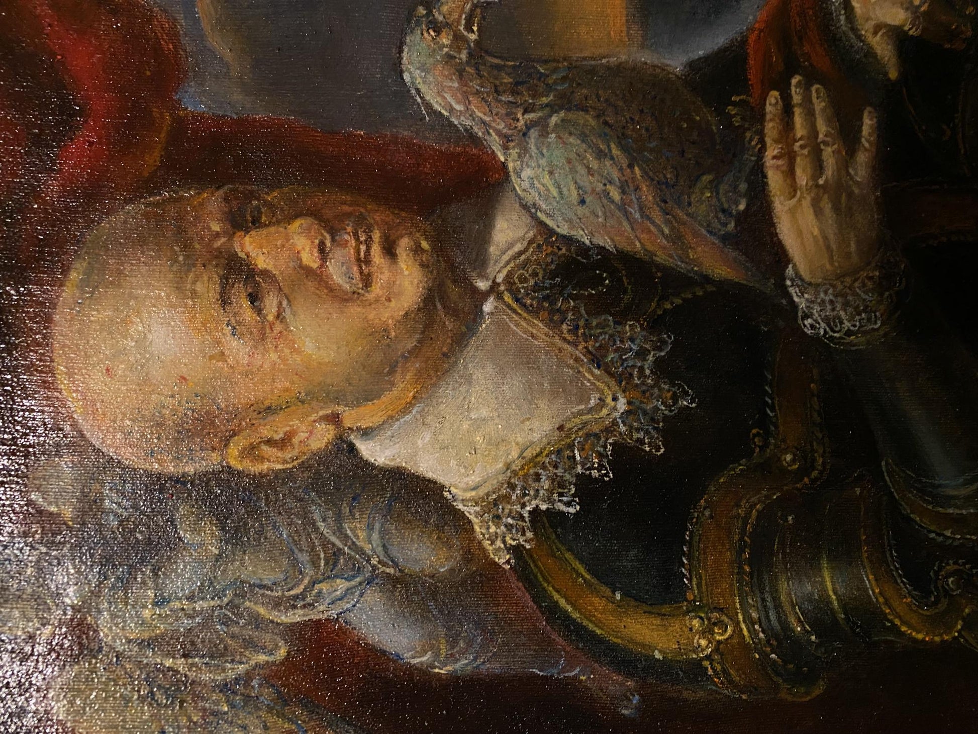 Close-up oil painting portrait of bald man with parrot by Litvinov Oleg Arkad’yevich