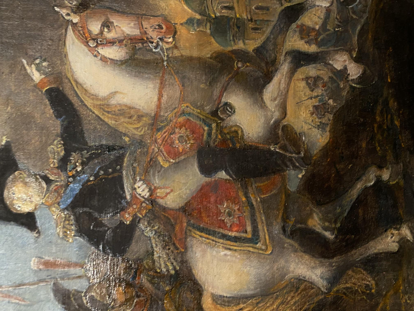Oil painting by Oleg Arkad’yevich Litvinov Alexander 1: white horse in ornate red gold saddle blankets detailed bridle