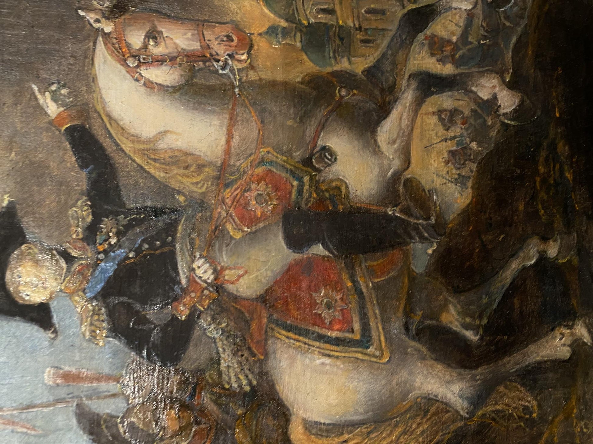 Oil painting by Oleg Arkad’yevich Litvinov Alexander 1: white horse in ornate red gold saddle blankets detailed bridle