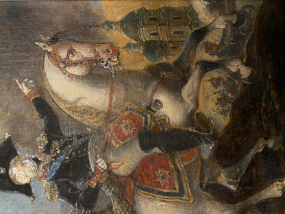 Oil painting by Oleg Arkad’yevich Litvinov: soldier on white horse with ornate red gold saddle