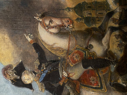 Oil painting by Oleg Arkad’yevich Litvinov Alexander 1: white horse with ornate red gold saddle in battle